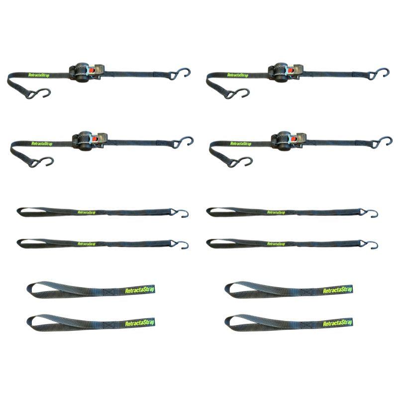 Retractastrap The OG Multi Extension Quad Pack retractable ratchet straps quad pack with extension and shackle straps
