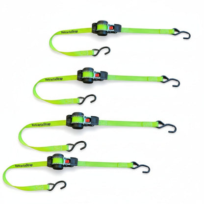 Retractastrap The OG - Retractable Ratchet Straps quad pack in green, 4 x 3m x 25mm straps designed for fast, heavy-duty load securing and tangle-free storage.